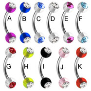 Curved Barbell with Double Jeweled Acrylic UV Balls, 16 Ga