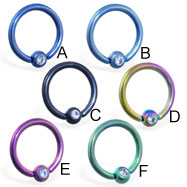 Colored steel/titanium anodized captive bead ring with clear gem, 16 ga