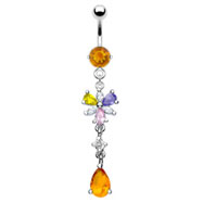 Citrine colored jeweled belly ring with dangling multi-color flower and citrine stone