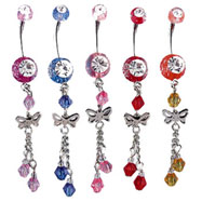 Acrylic glitter belly ring with dangling stones and butterfly