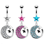 Belly ring with dangling round crescent moon and stars