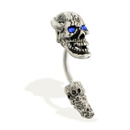Curved jeweled skull head and tail belly ring