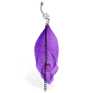Navel ring with dangling black chains and large purple feather