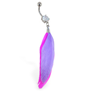 Belly ring with dangling pink and purple feathers