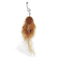 Belly ring with dangling fuzzy brown feathers
