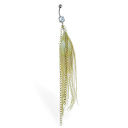 Belly ring with large dangling golden feather with golden chains