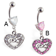 Navel ring with dangling jeweled "SEXY" heart