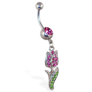 Belly Ring with Dangling Pink Rose