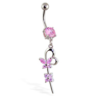 Belly Ring with Dangling Flower Heart and Butterfly