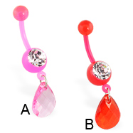 Flexible bioplast belly ring with dangling teardrop stone