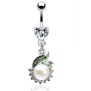 Heart gem navel ring with jeweled dangle and large pearl
