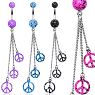Splatter belly ring with dangling splattered peace signs