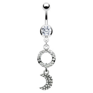 Navel ring with dangling jeweled circle and moon