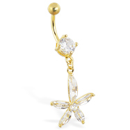 Gold Tone belly ring with large dangling jeweled flower