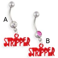 Navel ring with dangling red acrylic "STRIPPER"