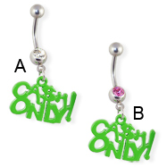 Navel ring with dangling green "CASH ONLY"