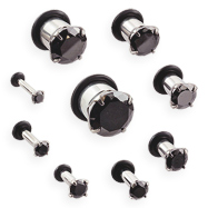 Pair Of Stainless Steel Hollow Plugs with Large Black Gem