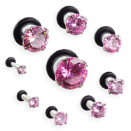 Pair Of Stainless Steel Hollow Plugs with Large Pink Gem