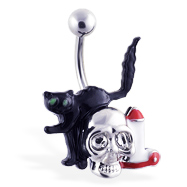 Halloween Belly Ring with Black Cat And Skull
