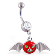 Navel ring with dangling scary face bat