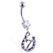 Navel ring with dangling horseshoe and "7"