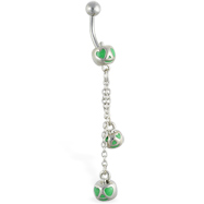 Green heart pumpkin face belly ring with dangling pumpkins