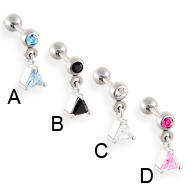 Straight barbell with dangling jeweled triangle