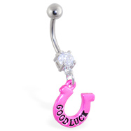 Jeweled belly ring with dangling "Good Luck" horseshoe