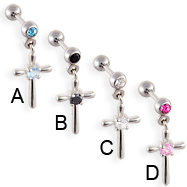 Straight barbell with dangling jeweled cross