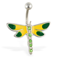 Green and yellow dragonfly belly ring