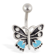Blue and black butterfly belly ring