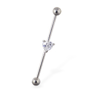 Industrial straight barbell with jeweled heart, 14 ga