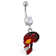 Belly ring with dangling red flame skull