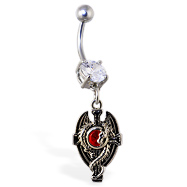 Navel ring with dangling dragon and cross with red gem
