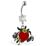 Navel ring with dangling heart "MOM" and "DAD"