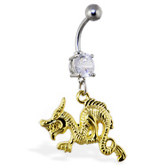Belly ring with dangling gold colored dragon