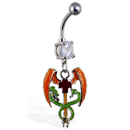 Navel ring with dangling medical cross with wings and snakes