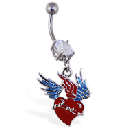 Navel ring with dangling heart with wings
