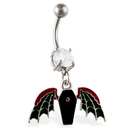 Navel ring with dangling coffin with wings