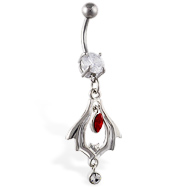 Navel ring with dangling bat tribal design with red and clear stone
