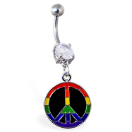 Navel ring with dangling rainbow peace sign