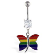 Navel ring with dangling rainbow butterfly