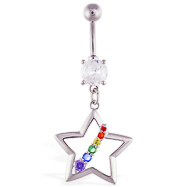 Navel ring with dangling hollow star and rainbow gems