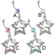 Belly ring with dangling plain and jeweled stars