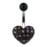 Black Heart Navel Ring With Multi-Colored Gems
