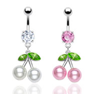 Navel ring with dangling pearl cherries