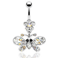 Flower navel ring with multi-gemmed dangling butterfly