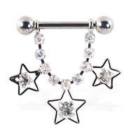 Nipple ring dangling jeweled chain and stars, 12 ga or 14 ga