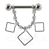 Nipple ring with dangling jeweled chain and hollow squares, 12 ga or 14 ga