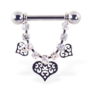 Nipple ring with dangling jeweled chain and fancy hearts, 12 ga or 14 ga